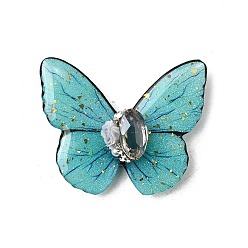 Средний Бирюзовый Прозрачные эпоксидные смолы кабошоны, бабочка, с золотой фольгой, стразами, искусственным жемчугом из АБС, магнитом и бумажной карточкой, средне бирюзовый, 32x39.5x11 мм