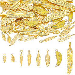 Golden 80Pcs 8 Styles Alloy Pendants, Feather Charms, Golden, 14.5~55x4.5~11x1.5~6mm, Hole: 1~6mm, 10pcs/style