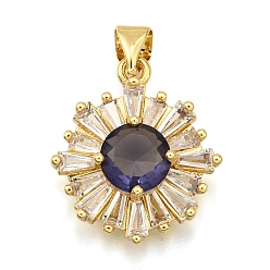 Фиолетовый Латунные микро проложить кубического циркония подвески, цветок, стойки покрытие, долговечный, без свинца и без кадмия, реальный 18 k позолоченный, фиолетовые, 19x16.5x5 мм, отверстие : 5x3 мм