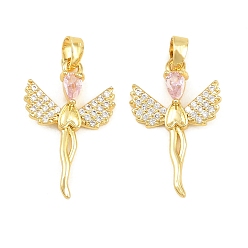Plaqué 18K Or Véritable Pendentifs en laiton micro pavé de zircons cubiques roses, charmes d'ange, réel 18 k plaqué or, 23.5x15x3.5mm, Trou: 5x2mm