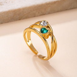 Green 304 Stainless Steel Pave Cubic Zirconia Cuff Open Rings, Heart, Golden, Green, US Size 4 1/4(15mm)~20mm