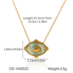 Horse Eye Ocean Natural Shell  Resin Pendant 304 Stainless Steel Cable Chain Necklaces for Women, Real 18K Gold Plated, Sky Blue, Horse Eye with Shell Shape, 16.34 inch(41.5cm), pendant: 16.4x21.3mm