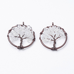 Опал Opalite подвески, с латунной фурнитурой , Красная медь, плоские круглые с дерева жизни, 29x5~7 мм, отверстие : 4.5 мм