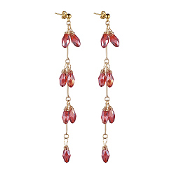 Red Electroplate Glass Dangle Earrings, with Brass Post Earring Findings and Bar Link Chains, Teardrop, Red, 108mm, Pin: 0.6mm