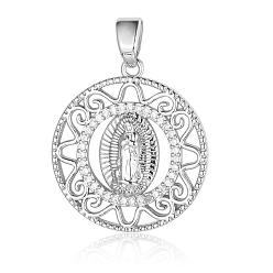 Платина Религиозные украшения латунные микропаве кубические циркониевые подвески, плоский круглый с девственным шармом, платина, 24x22 мм