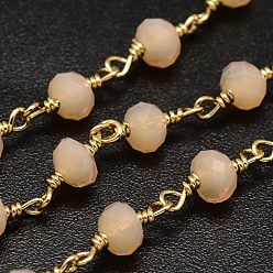 PeachPuff Faceted Rondelle Handmade Electroplate Glass Beaded Chains, Unwelded, with Spool, with Golden Plated Brass Findings, PeachPuff, 6x4mm, about 32.8 Feet(10m)/roll