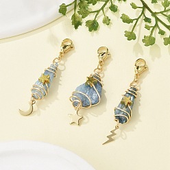 Небесно-голубой Подвесные украшения из гальванизированного натурального кварцевого кристалла в виде проволоки, с подвесками в виде луны, звезд и молний из нержавеющей стали и застежками-лобстерами, голубой, 53~62 мм, 3 шт / комплект