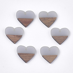 Светлый Стально-синий Подвески из смолы и ореха, сердце, светло-стальной синий, 24x25x3.5~4 мм, отверстие : 2 мм