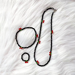 Черный Ожерелья из вишневого стекла, браслеты с подвесками и комплекты колец, чёрные, 400 мм