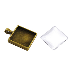 Античная Бронза Поделки кулон решений, Сеттинги для кабошонов или кулона, сплав, тибетский стиль , со стеклянными квадратными кабошонами, без свинца и без никеля , античная бронза, 32x24x4.5 мм, отверстие: 7x3.5 мм, стекло: 20x20x5~6 мм, 2 шт / комплект