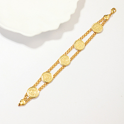 Real 18K Gold Plated Brass Flat Round Link Chain Bracelets for Women, Real 18K Gold Plated, 7-1/2 inch(19cm)