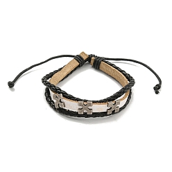 Черный Трехслойные многонитевые браслеты из искусственной кожи и вощеного шнура, регулируемые браслеты из сплава с перекрестной оплеткой, чёрные, внутренний диаметр: 2-1/4~3-3/4 дюйм (5.7~9.5 см)