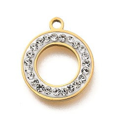 Золотой 304 из нержавеющей стали плоским круглые подвески, с пластиковой имитацией ракушки и стразами из полимерной глины, ионное покрытие (ip), золотые, 14x12x2 мм, отверстие : 1.4 мм