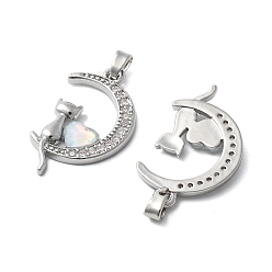 Прозрачный Латунный микропаве кубический цирконий со стеклянными подвесками, без кадмия, без никеля и без свинца, луна и кошка и сердце, платина, прозрачные, 26.5x16x3 мм, отверстие : 4x2.5 мм