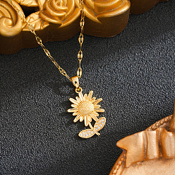 Real 18K Gold Plated Brass Micro Pave Clear Cubic Zirconia Sunflower Pendant 201 Stainless Steel Dapped Chain Necklaces for Women, Ion Plating(IP), Real 18K Gold Plated, 15.75 inch(40cm)