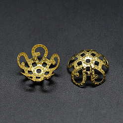 Golden Plated Iron Bead Caps, Flower, 5-Petal, Filigree, Golden, 8~9x3mm, Hole: 1mm