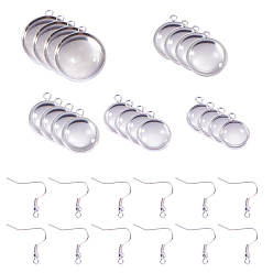 Silver DIY Earring Making, with Iron Earring Hooks, Brass Pendant Bezel Cabochon Settings and Clear Glass Cabochons, Flat Round, Silver Color Plated