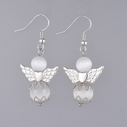 Белый Глаза кота болтаться серьги, с посеребренными бусинами из сплава, латунные колпачки и латунные крючки для сережек, ангел, белые, 45 мм , штифт: 0.6 мм