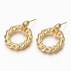 Real 18K Gold Plated Brass Dangle Stud Earring, Twist Ring, Nickel Free, Real 18K Gold Plated, 29.5x24mm, Pin: 0.7mm