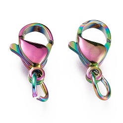 Rainbow Color Ion Plating(IP) 304 Stainless Steel Lobster Claw Clasps, With Jump Ring, Rainbow Color, 12x7x3.5mm, Hole: 3mm, Jump Ring: 5x0.6mm