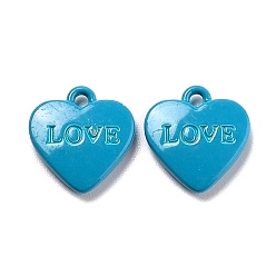 Deep Sky Blue Heart Alloy Spray Painted Charms, Word LOVE, Deep Sky Blue, 12x11.5x2.5mm, Hole: 1.4mm