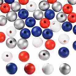 Mixed Color 160 Pcs 4 Colors 4 July American Independence Day Painted Natural Wood Round Beads, Loose Beads for Jewelry Making and Home Decor, with Waterproof Vacuum Packing, Blue & Red & White & Silver, 16mm, Hole: 4mm, 40pcs/Color