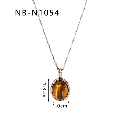 Платина Ожерелья с овальной подвеской из натурального тигрового глаза, из нержавеющей стали цепи ожерелья, платина, 16.14~19.69 дюйм (41~50 см)