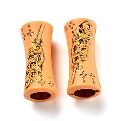 Gold Plastic Beads, Imitation Wood, Large Hole, For African Braid Reggae Hair Accessories, Tube with Flower, Gold, 28x12.5mm, Hole: 8mm
