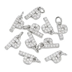 Letter P Colgantes Shegrace de latón con microengaste de circonitas cúbicas transparentes, sin níquel, 925 chapado en plata de ley, Dijes de la letra p, 11.5x6.5x2.5 mm, anillo de salto: 5x1 mm, diámetro interior: 3 mm
