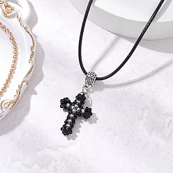 Черный Ожерелья с подвесками из стеклянных бусин, ожерелья из черного вощеного хлопкового шнура, античное серебро, чёрные, 17.68 дюйм (44.9 см), крест: 40x19.5 мм