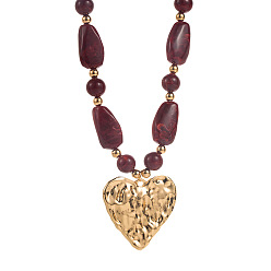 Кокосово-Коричневый Кулон в виде сердца из цинкового сплава с текстурированной поверхностью, бусы из смолы, ожерелье для женщин, золотые, кокосового коричневый, 17.91 дюйм (45.5 см)