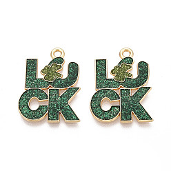Зеленый Подвески ко Дню Святого Патрика из сплава эмали и блестящей пудры, словесные талисманы удачи, золотые, зелёные, 24x18x1 мм, отверстие : 1.8 мм
