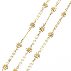 White Handmade Golden Brass Enamel Link Chains, with Spool, Soldered, Long-Lasting Plated, Flower & Rectangle, White, 15x2.5x0.5mm, 32.8 Feet(10m)/roll