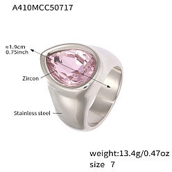 Pink 304 Кольца из нержавеющей стали с одинарным кубическим цирконием, слеза, цвет нержавеющей стали, розовые, размер США 7 (17.3 мм)