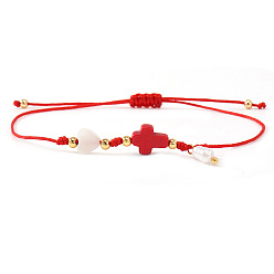 Красный Пластиковые браслеты с подвесками из искусственного жемчуга, Браслеты из натуральных ракушек, синтетической бирюзы и латунных бусин, плетеные из бусин, для женщин., крест и сердце, красные, 11.02 дюйм (28 см)