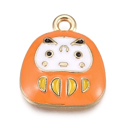 Orange Aluminium Anhänger & Charms, mit Emaille, japanische Dharma-Puppe, Glücksbringer, golden, orange, 15.5x13.5x3.5 mm, Bohrung: 1.6 mm