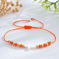 Оранжевый Регулируемые браслеты из плетеных бусин из стекла и латуни, украшения в виде креста из натуральных ракушек для женщин, оранжевые, 11.02 дюйм (28 см)