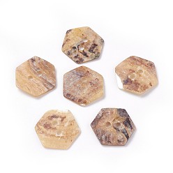BurlyWood Freshwater Shell Buttons, Hexagon, 2-Hole, BurlyWood, 13~13.5x15~15.5x1~2mm, Hole: 1.6mm