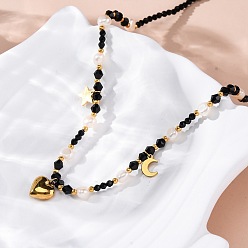 Настоящее золото 14K 304 кулон ожерелья из нержавеющей стали с сердцем, ожерелья из натурального жемчуга и стеклянных бусин, ионное покрытие (ip), чёрные, реальный 14 k позолоченный, 16.93 дюйм (43 см)