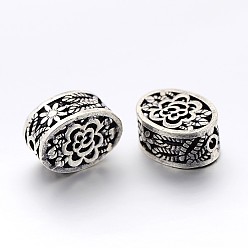 Antique Silver Brass Hollow Filigree Beads, Oval with Flower Pattern, Cadmium Free & Lead Free, Antique Silver, 14.5x10x7.5mm, Hole: 1.5mm