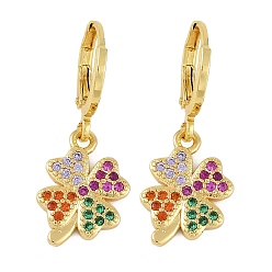 Клевер Женские серьги-кольца из латуни с микропаве и кубическим цирконием, реальный 18 k позолоченный, клевер, 23x10.5 мм