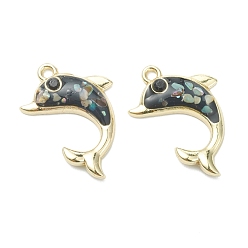 Black Alloy Enamel Pendants, with Shell Beads and Rhinestone, Dolphin, Light Gold, Black, 23x16x3.5mm, Hole: 1.6mm