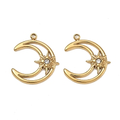 Real 18K Gold Plated 304 Stainless Steel Rhinestone Pendants, Moon with Star Charms, Ion Plating(IP), Real 18K Gold Plated, 18.5x16x2.5mm, Hole: 1.5mm