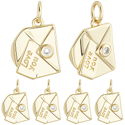 Настоящее золото 18K 6 шт. Латунные брелоки из прозрачного кубического циркония с микропаве, конверт с письмом и словом люблю тебя, без кадмия и без свинца, долговечный, стойки покрытие, с целью перехода в кольце, реальный 18 k позолоченный, 11x14.5x2.5 мм, отверстие : 3 мм
