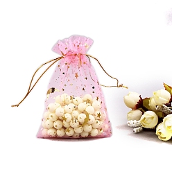 Бледно-Розовый Сумки для хранения подарков из органзы с золотым тиснением и звездами, прямоугольные, розовый жемчуг, 16x11 см