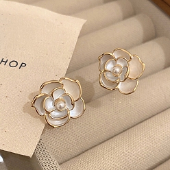 Flower Alloy Enamel Earrings for Women, with Imitation Pearl Beads, Flower, 18x11mm