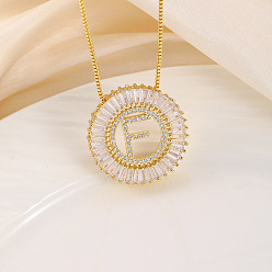 Letter F Кольцо из латуни с прозрачными кубическими цирконами и подвеской в виде буквы, цепочка-коробка, золотые, Буква F, 17.72 дюйм (45 см)