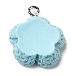 Sky Blue Opaque Resin Pendants, Flower Charms with Platinum Plated Iron Loops, Sky Blue, 20x18x6mm, Hole: 2mm