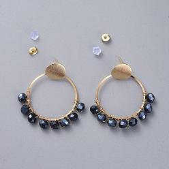 Black Dangle Stud Earrings, with Glass Beads, Plastic & Brass Ear Nuts, Golden Plated Brass Findings and Cardboard Boxes, Ring, Black, 43mm, Pin: 0.8mm