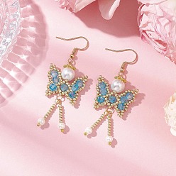 Темно-Голубой Серьги-подвески в виде бабочки, биконусные стеклянные бусины, снежинки, с разделительными бусинами из сплава, латунными штифтами с шаровидной головкой, экологически чистыми круглыми бусинами из окрашенного стекла и 304 серьгами-крючками из нержавеющей стали, золотые, глубокое синее небо, 62x22 мм